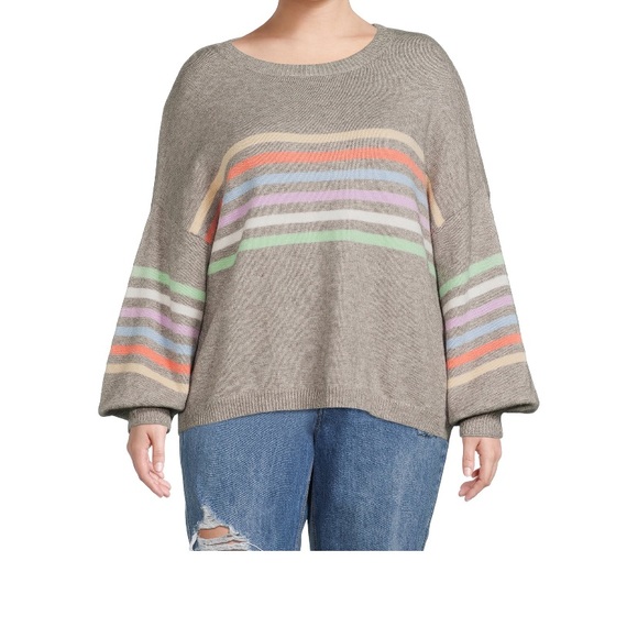 Debut Women's Plus Size Rainbow Striped Sweater with Puff Sleeves Size 1X - Picture 2 of 7
